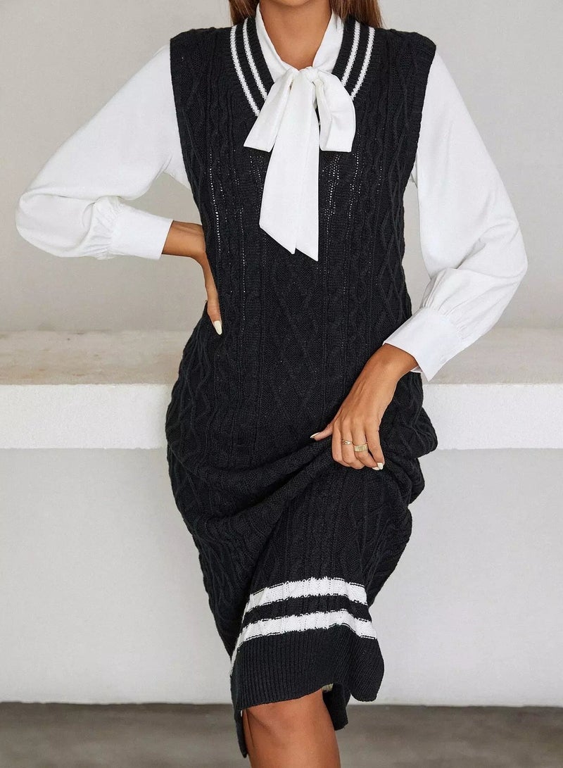 Striped Trim Cable Knit Sweater Dress Without Blouse - Image 3