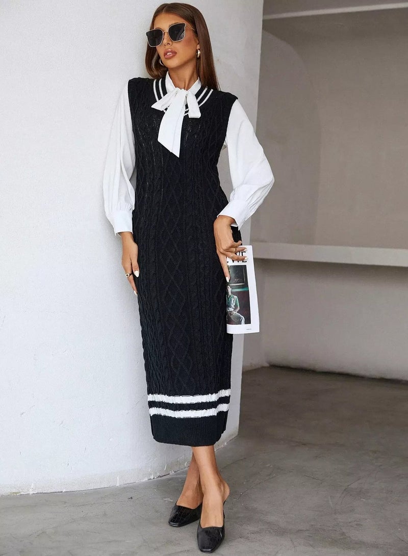 Striped Trim Cable Knit Sweater Dress Without Blouse - Image 4