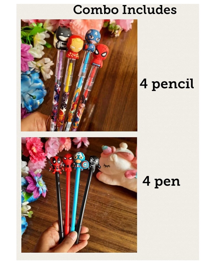 DELITE Non Sharpening Pencils   gel pen pack of 4 pencils  4 pens Avenger actionhero Superhero Design Colors Birthday Gift Return Gifts for Kids Cartoon Spiderman - Image 2