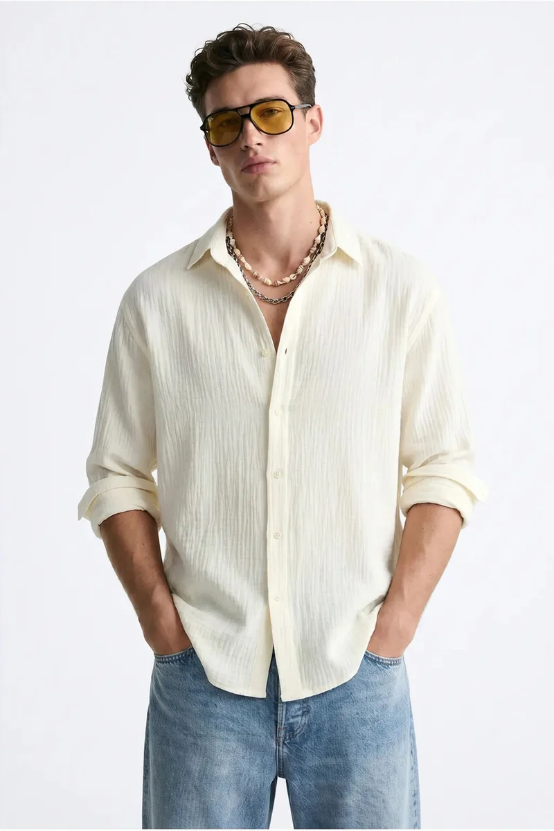 بيانكو لوتشي LUCCI Oversized Textured Button-Front Shirt