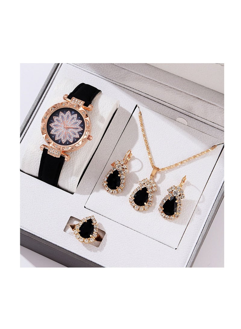 [2023 New Design]Ladies Watch Fashionable Women Quartz Diamond Wristwatch Classic Simple Waterproof Watches Business Decoration Bangle Bracelet Necklace Ring Earring Girl Gift Set 