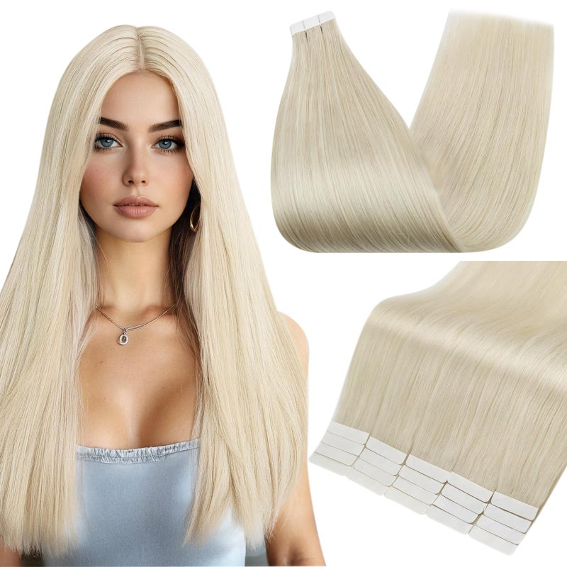 Full Shine Tape in Hair Extensions Human Hair 10 Inch Seamless Tape Ins Human Hair Extensions Color 1000 Blonde Remy Extensions 30g 20PCS Tape Extensions for Women