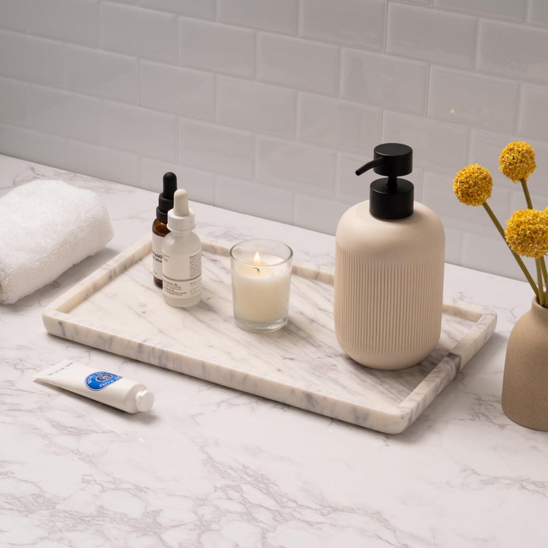 Cork & Mill Marble Tray for Bathroom Countertop, Kitchen Counter, or Catchall - 13" x 7Â½" Large Vanity Tray for Skincare or Perfume - Handcrafted Natural White Marble Stone Organizer - Image 2