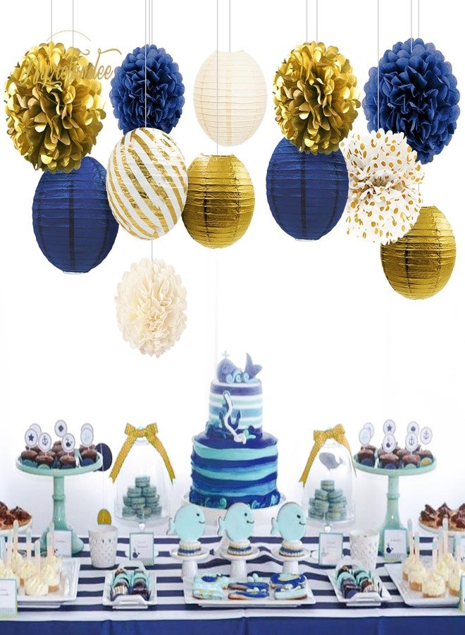 NICROLANDEE Navy Blue and Gold Decorations, 12PCS Hanging Paper Lanterns Tissue Pom Poms Decor for Graduation Party, Winter Wedding, Mens Birthday, Memorial Day Decorations, New Years Party Supplies - Image 5