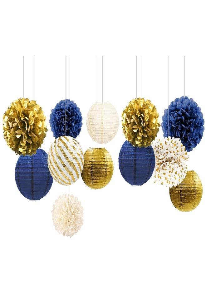 NICROLANDEE Navy Blue and Gold Decorations, 12PCS Hanging Paper Lanterns Tissue Pom Poms Decor for Graduation Party, Winter Wedding, Mens Birthday, Memorial Day Decorations, New Years Party Supplies - Image 1