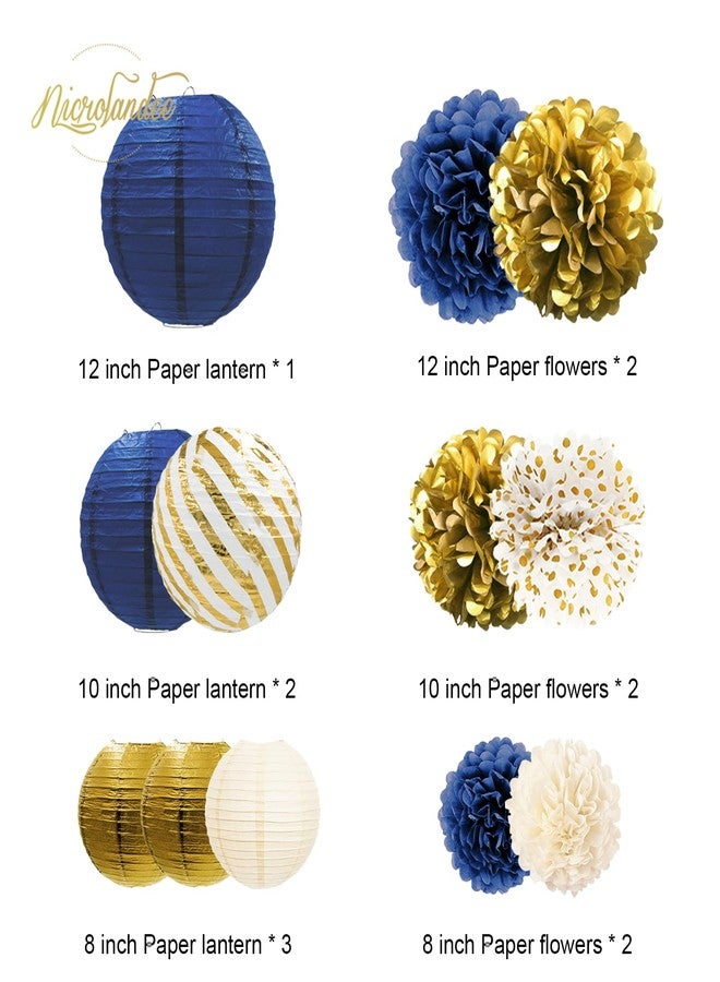 NICROLANDEE Navy Blue and Gold Decorations, 12PCS Hanging Paper Lanterns Tissue Pom Poms Decor for Graduation Party, Winter Wedding, Mens Birthday, Memorial Day Decorations, New Years Party Supplies - Image 2