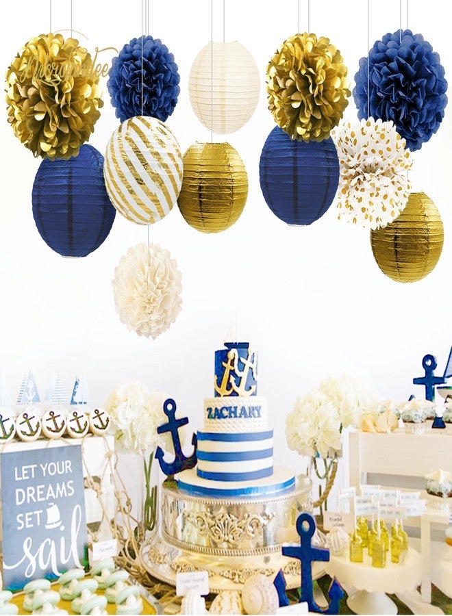 NICROLANDEE Navy Blue and Gold Decorations, 12PCS Hanging Paper Lanterns Tissue Pom Poms Decor for Graduation Party, Winter Wedding, Mens Birthday, Memorial Day Decorations, New Years Party Supplies - Image 4