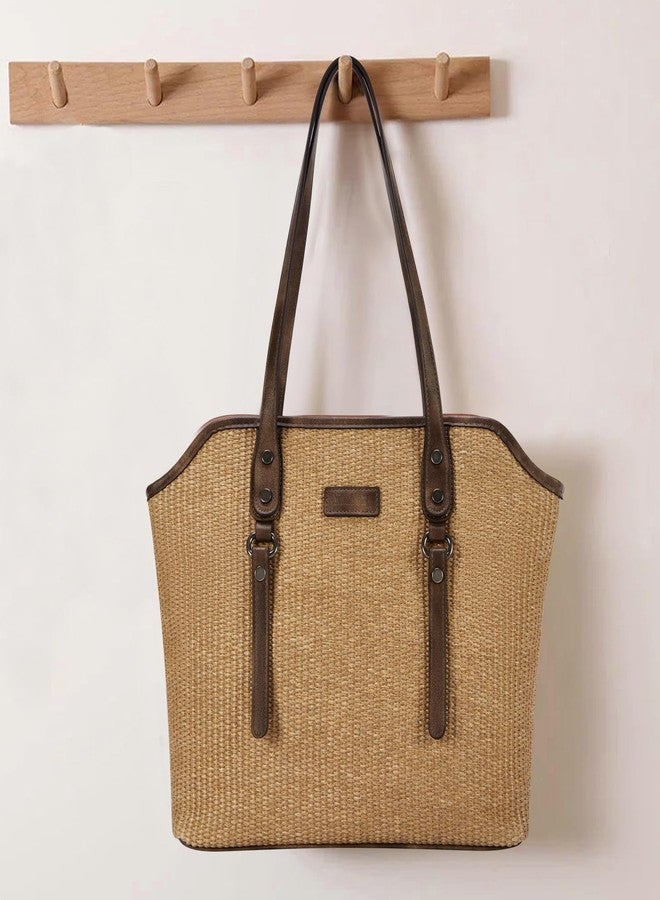 Blucoay Straw Tote Bag for Women,Tote Purses for Women With Zip Pockets,Summer Beach Bags Straw Shoulder Handbags for Daily Travel Shopping,Work(apricot) - Image 3
