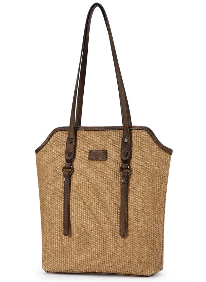 Blucoay Straw Tote Bag for Women,Tote Purses for Women With Zip Pockets,Summer Beach Bags Straw Shoulder Handbags for Daily Travel Shopping,Work(apricot) - Image 1