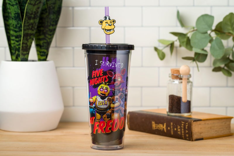 Silver Buffalo Five Nights at Freddy's Plastic Cold Cup with Lid and Straw Topper Featuring Freddy Fazbear, Foxy, Chica, and Bonnie, 24 Ounces - Image 5