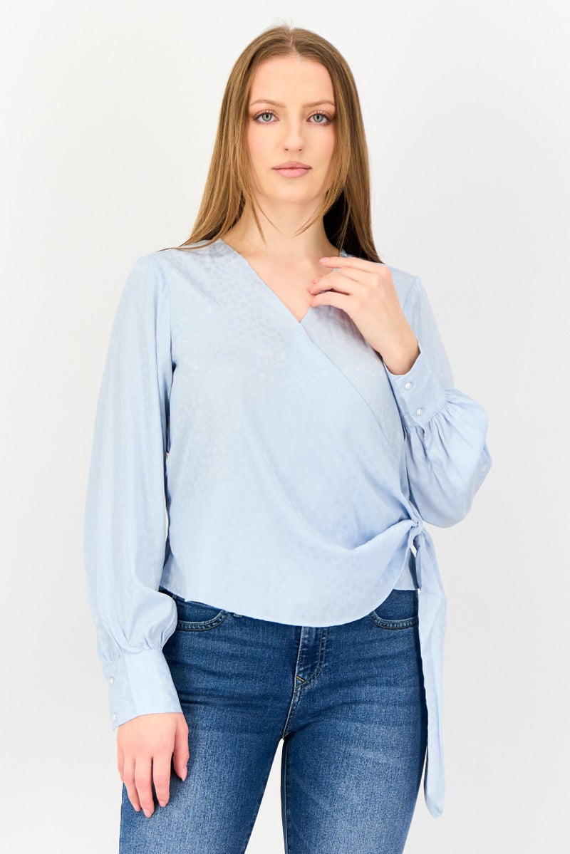 VERO MODA I scenery By Vero Moda Women Surplice Neck Textured Long Sleeve Wrap Top, Light Blue - Image 1