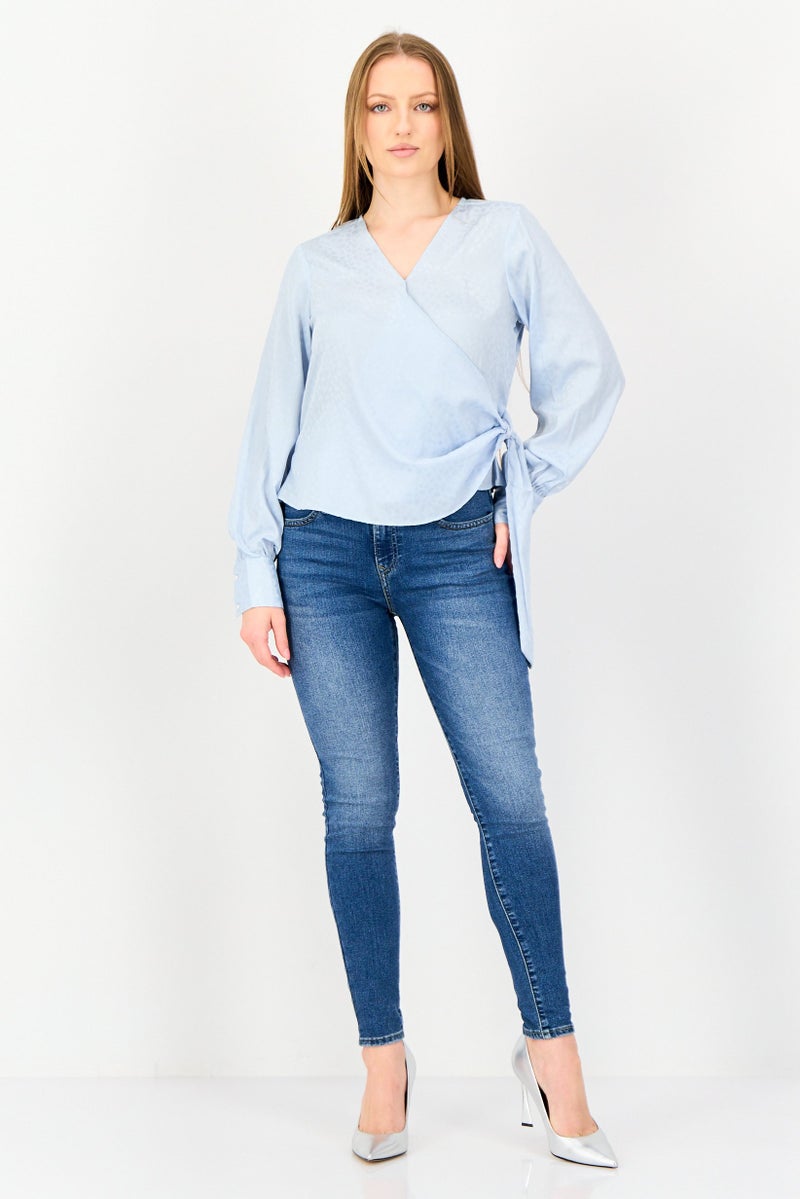 VERO MODA I scenery By Vero Moda Women Surplice Neck Textured Long Sleeve Wrap Top, Light Blue - Image 4