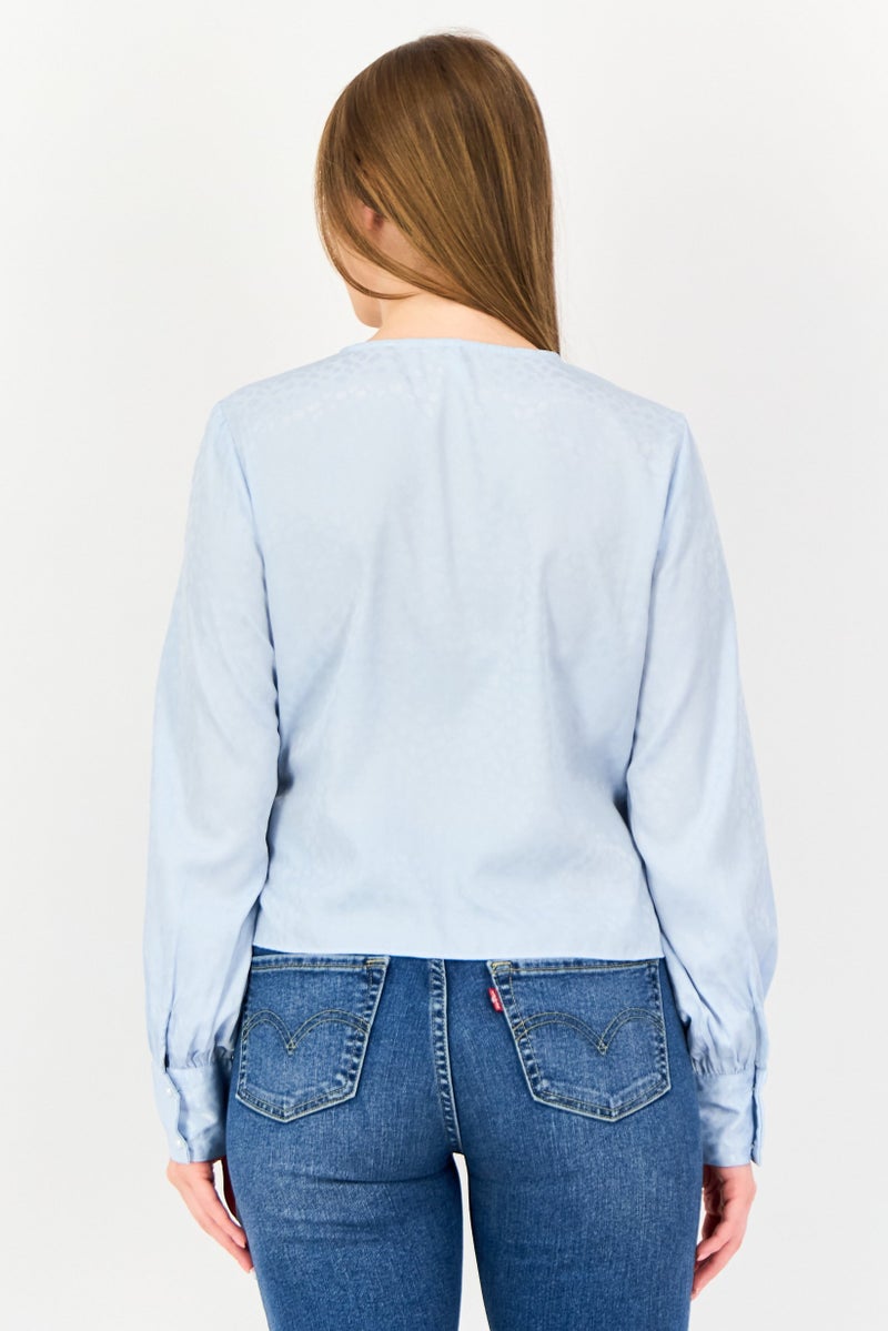 VERO MODA I scenery By Vero Moda Women Surplice Neck Textured Long Sleeve Wrap Top, Light Blue - Image 3