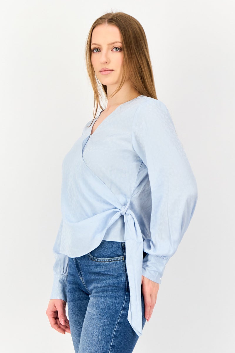 VERO MODA I scenery By Vero Moda Women Surplice Neck Textured Long Sleeve Wrap Top, Light Blue - Image 2