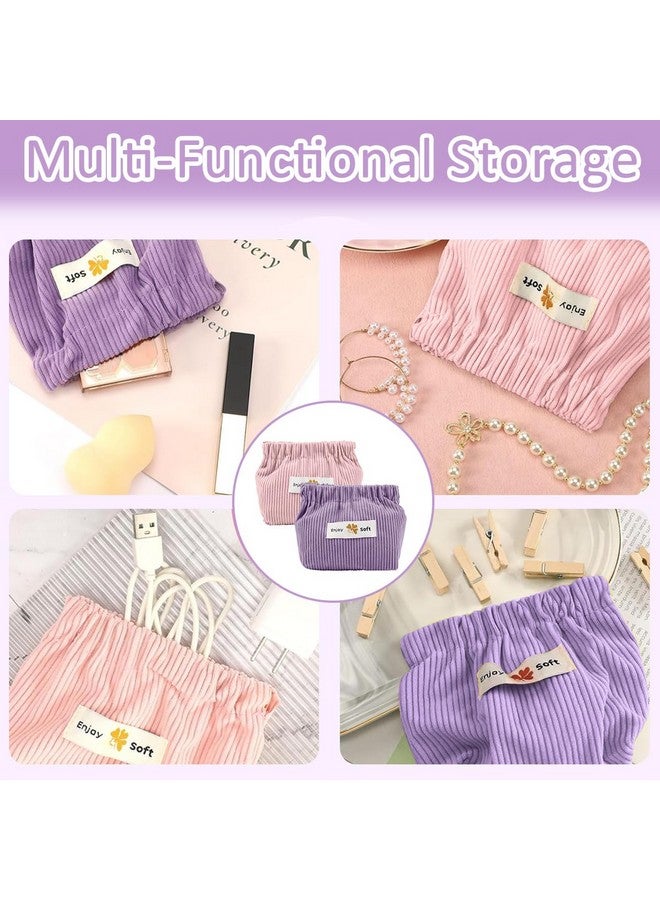 MAYCREATE® 2pcs Small Makeup Pouch, Lipstick Cosmetic Bag, Corduroy Elastic Storage Pouch, Makeup Pouches for Women Girls, Travel Coin Pouch Jewelry Organizer Bag - Self Closing, Pink & Purple - Image 5