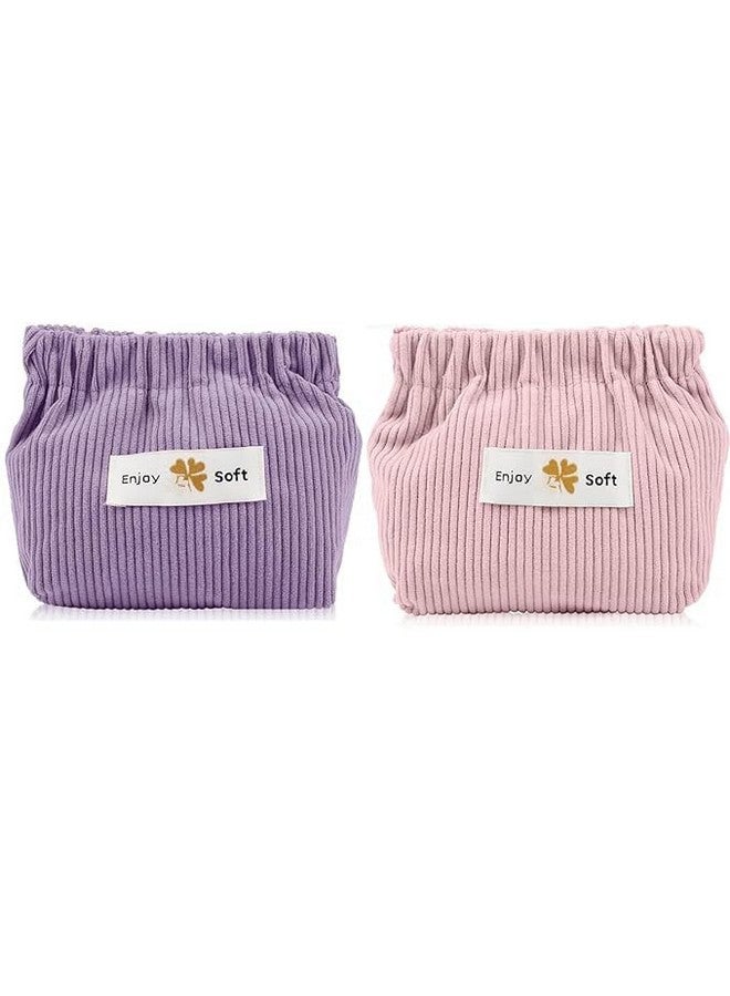 MAYCREATE® 2pcs Small Makeup Pouch, Lipstick Cosmetic Bag, Corduroy Elastic Storage Pouch, Makeup Pouches for Women Girls, Travel Coin Pouch Jewelry Organizer Bag - Self Closing, Pink & Purple - Image 1