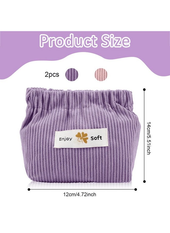 MAYCREATE® 2pcs Small Makeup Pouch, Lipstick Cosmetic Bag, Corduroy Elastic Storage Pouch, Makeup Pouches for Women Girls, Travel Coin Pouch Jewelry Organizer Bag - Self Closing, Pink & Purple - Image 2