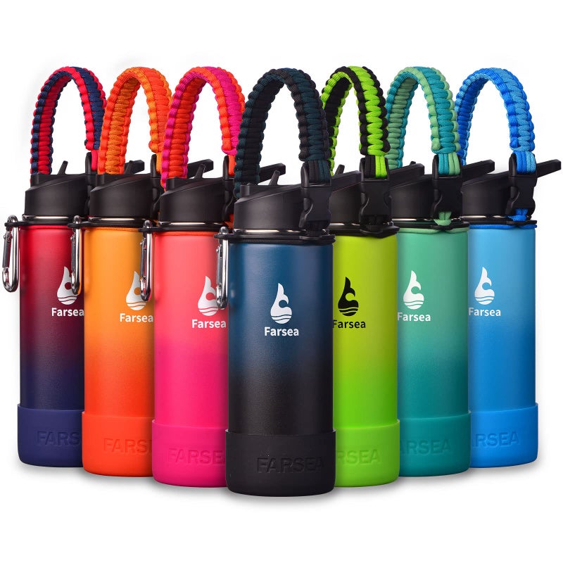 Farsea Insulated Water Bottle With Paracord Handle  Protective Silicone Boot and 2 Lids (Straw Lid & Spout Lid)  Stainless Steel Water Bottle Wide Mouth  Double Wall Sweat-Proof BPA-Free  18 oz - Image 1