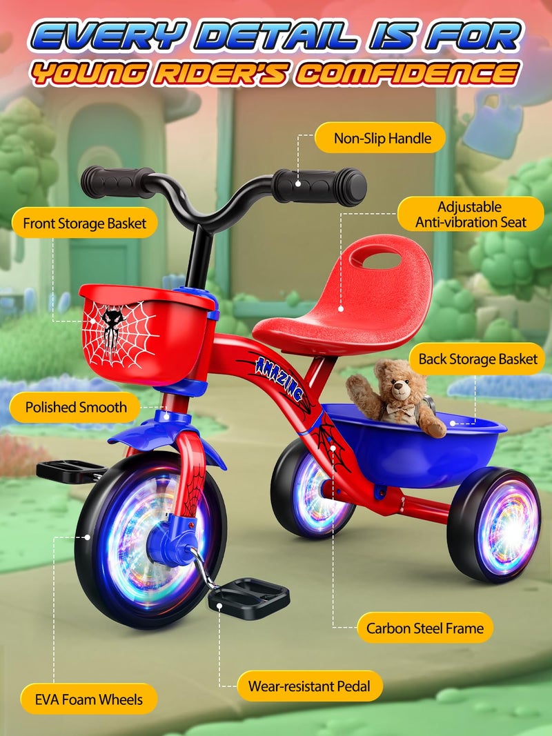 Ackarido Tricycle for Toddlers 1-3 3-5 Year Olds, Spider Toddler Bike Baby Balance Bike with Colorful Lighting Wheels & Large Basket, Birthday Gift and Toy for 1 2 3 4 5 Year Olds Boys and Girls - Image 5