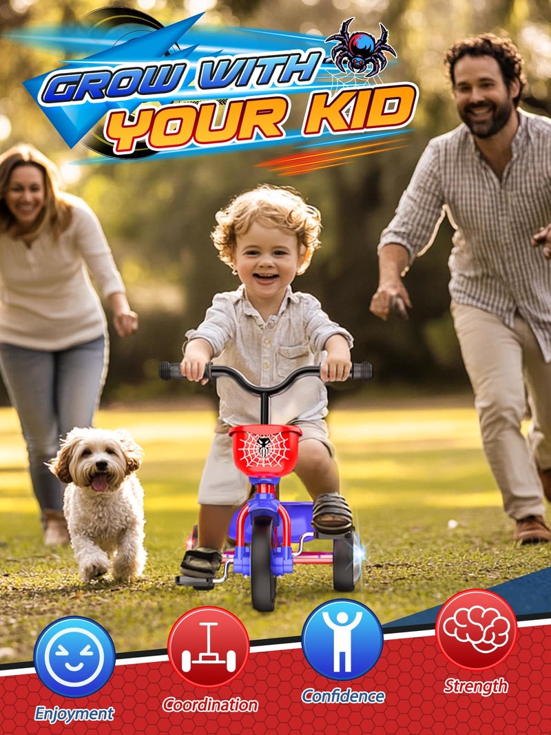 Ackarido Tricycle for Toddlers 1-3 3-5 Year Olds, Spider Toddler Bike Baby Balance Bike with Colorful Lighting Wheels & Large Basket, Birthday Gift and Toy for 1 2 3 4 5 Year Olds Boys and Girls - Image 2