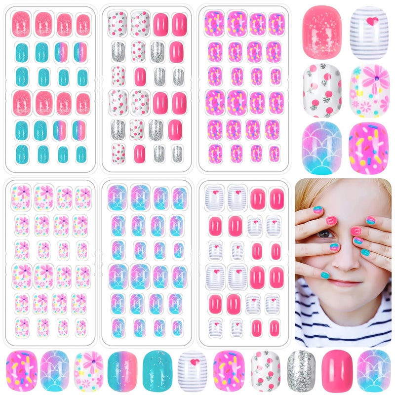 144 Pieces Fake Nails for Kids Girls Artificial Kids Press on Nails Full Cover Short Acrylic Stick On Nails False Nail Tips Kit for Children Little Girls Nail Art Decoration Gradient Pattern