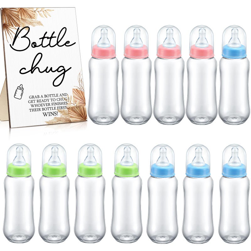 Roowest Bottle Chug Baby Shower Game Favors 12 Pcs Baby Bottles Shower Favor with 1 Wooden Sign for Gender Reveal Party Supplies GiftsBoho