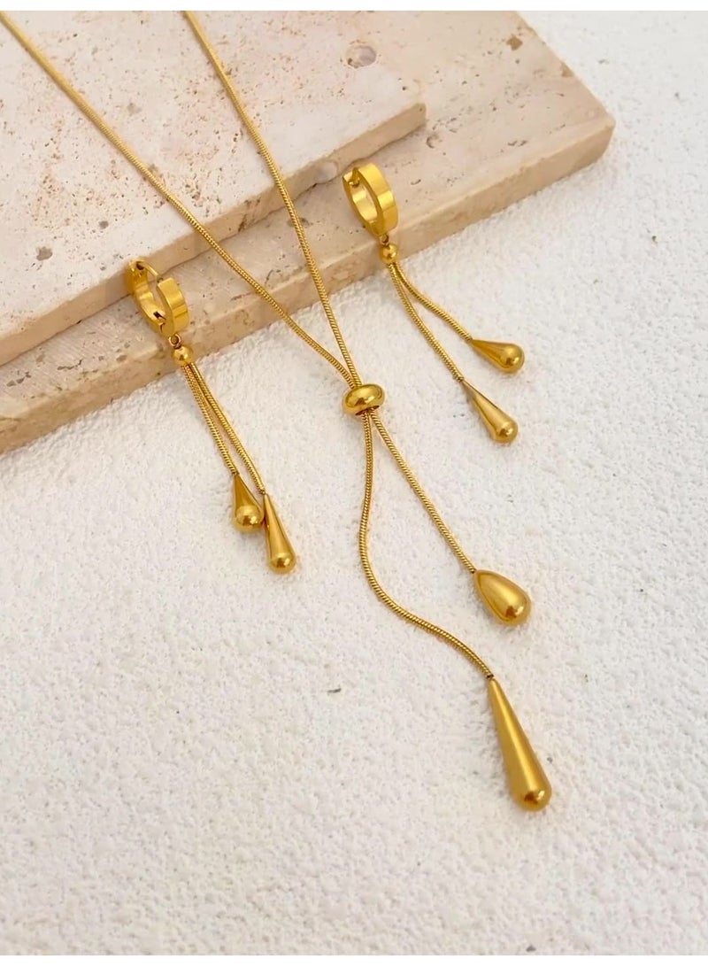 Gold Teardrop Necklace Earrings Set, Trendy Stainless Steel Water Droplet Tassels Pendant Accessories Set for Women - Image 1