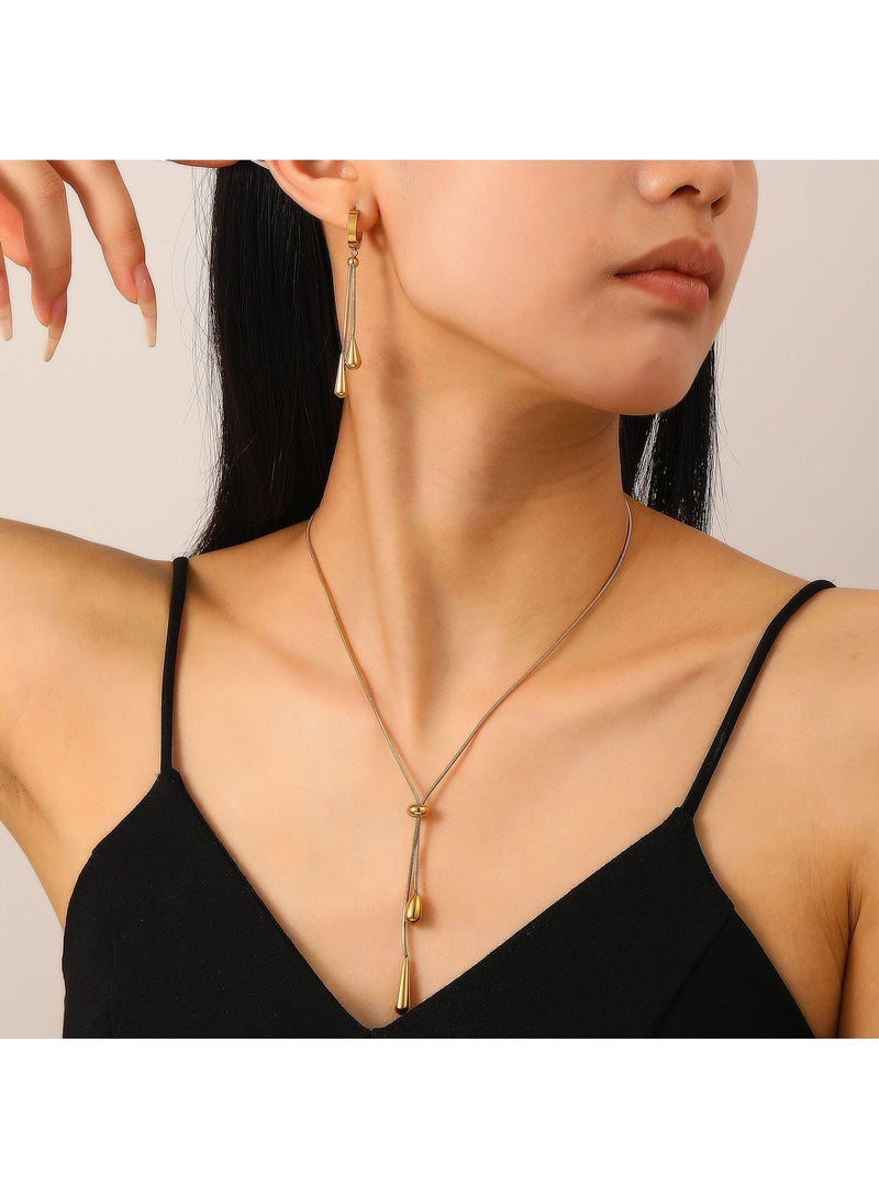 Gold Teardrop Necklace Earrings Set, Trendy Stainless Steel Water Droplet Tassels Pendant Accessories Set for Women - Image 2