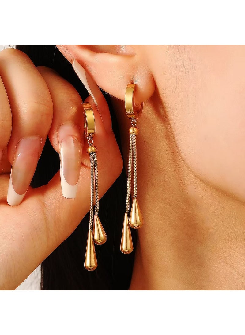 Gold Teardrop Necklace Earrings Set, Trendy Stainless Steel Water Droplet Tassels Pendant Accessories Set for Women - Image 3