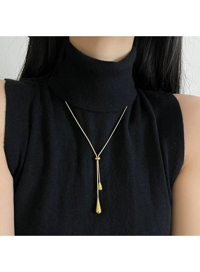 Gold Teardrop Necklace Earrings Set, Trendy Stainless Steel Water Droplet Tassels Pendant Accessories Set for Women - Image 4