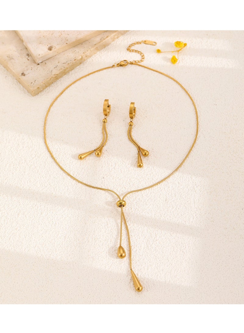 Gold Teardrop Necklace Earrings Set, Trendy Stainless Steel Water Droplet Tassels Pendant Accessories Set for Women - Image 5
