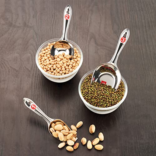 HAZEL Stainless Steel Scoop Spoon | Grocery Flour Grain Dry Foods Candy Spice Scoop | Steel Scoops for Grocery Shop Store | Grocery Shop Accessories Equipment, Set of 3 - Image 2
