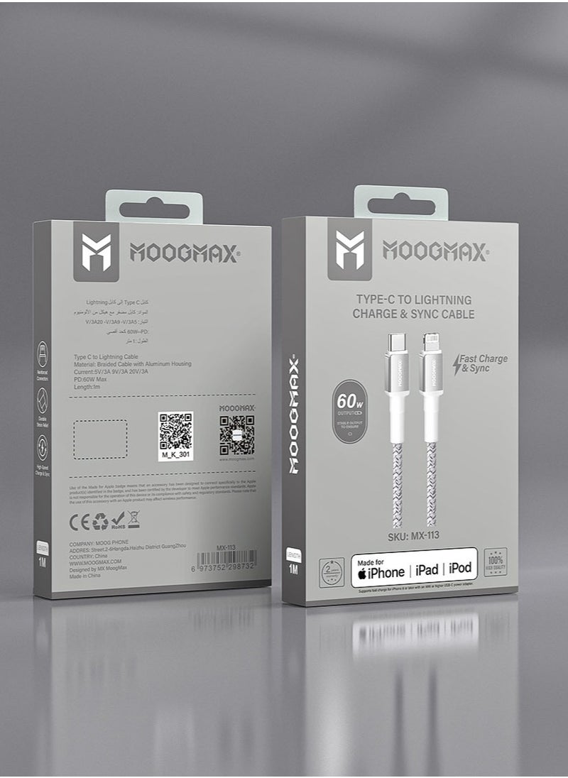MOOGMAX - Original MFI-certified iPhone charger cable. 1-meter lightning to usb c. type c to lightning charger cable supports fast charging up to 60W. iPhone cable made of cut-resistant fabric. lightning cable compatible with all iPhones with a Lightning port up to the iPhone 14 Pro Max. iPhone charger cable from MoogMax. Black. - Image 1