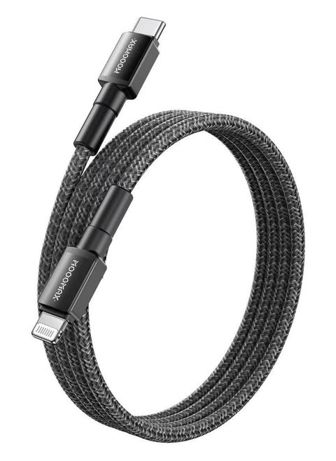 Original MFI-certified iPhone charger cable. 1-meter lightning to usb c. type c to lightning charger cable supports fast charging up to 60W. iPhone cable made of cut-resistant fabric. lightning cable compatible with all iPhones with a Lightning port up to the iPhone 14 Pro Max. iPhone charger cable from MoogMax. Black.