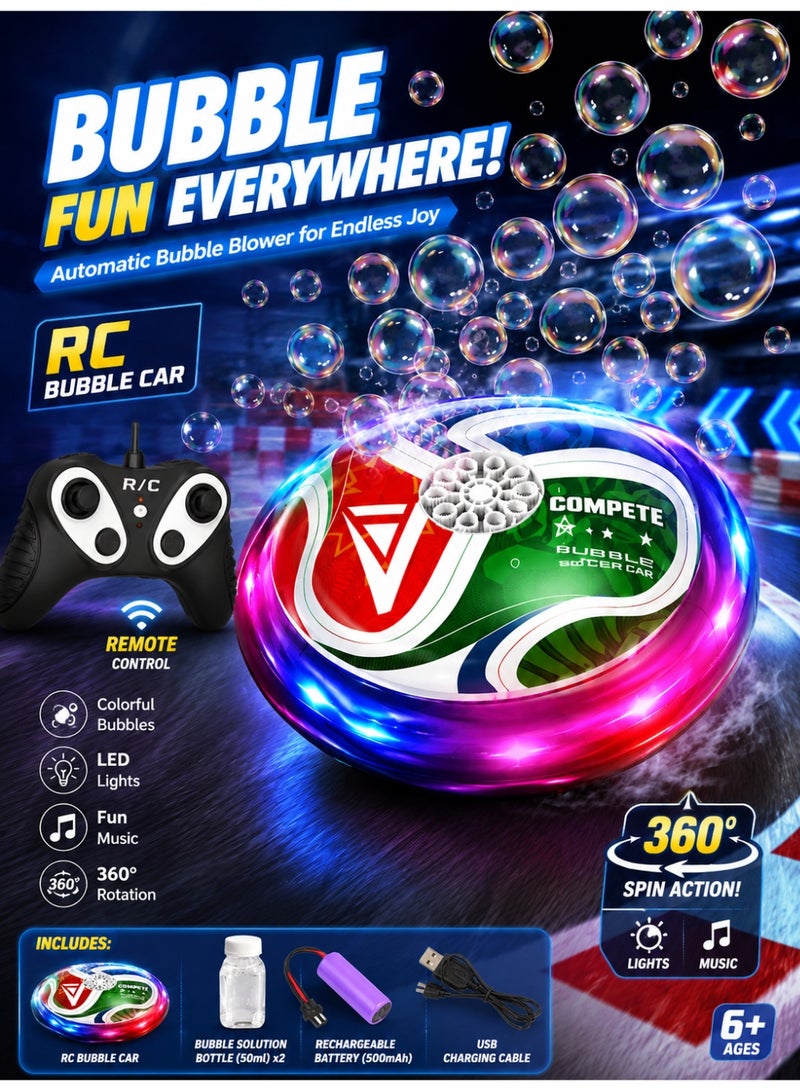 Eworld Bubble RC Soccer Car Toy with Remote Control, Automatic Bubble Blower, LED Lights, Music & 360° Rotation, Rechargeable Electric Kids Toy for Boys & Girls 6+ Years - Image 1