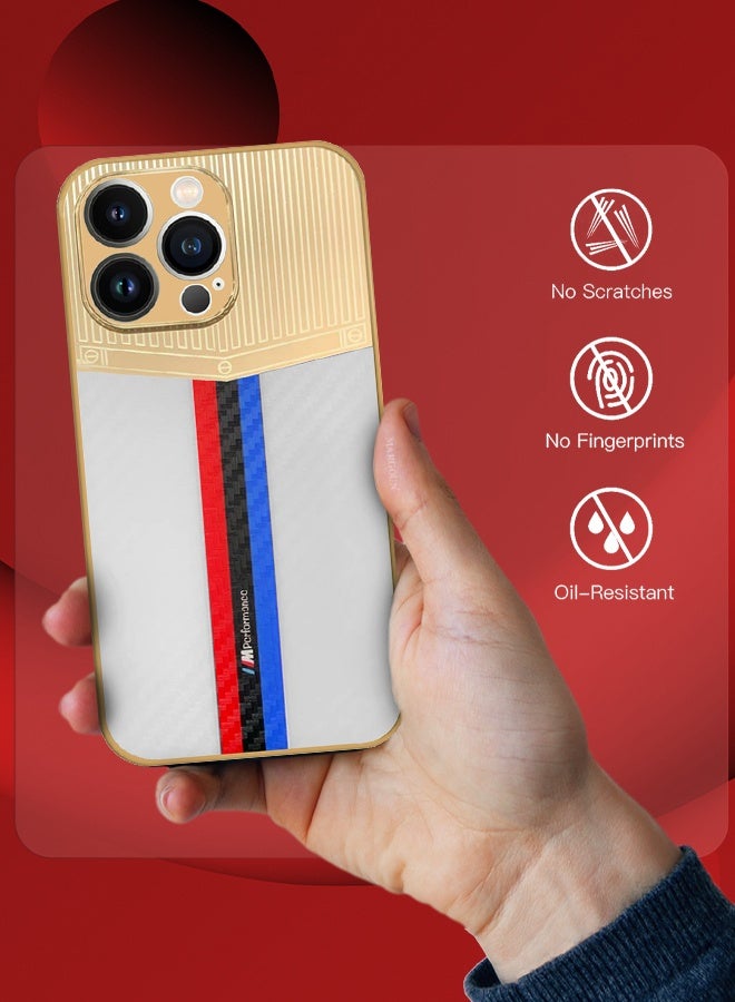 CATANES Luxury Gold Plated Case for iPhone 13 Pro Max - Hybrid Electroplated Frame Back Cover with Carbon Fiber Texture - Racing Stripe Pattern White - Image 5