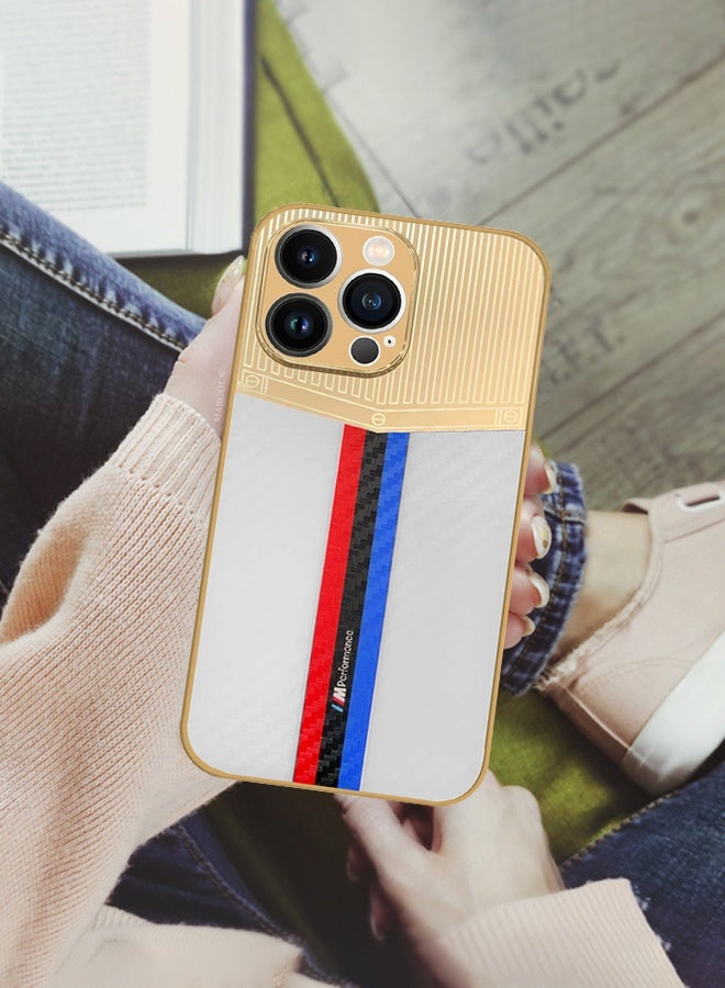 CATANES Luxury Gold Plated Case for iPhone 13 Pro Max - Hybrid Electroplated Frame Back Cover with Carbon Fiber Texture - Racing Stripe Pattern White - Image 2