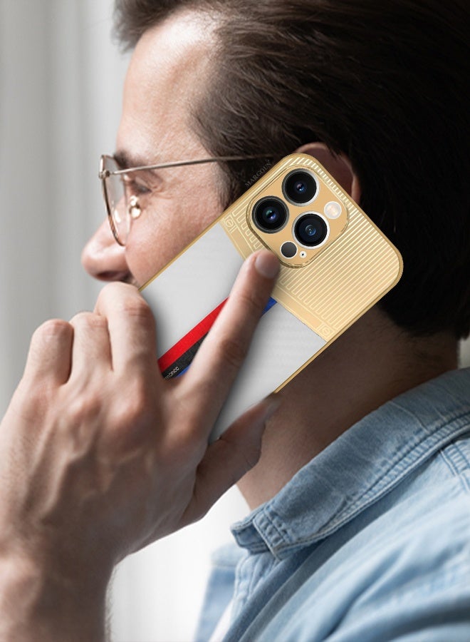 CATANES Luxury Gold Plated Case for iPhone 13 Pro Max - Hybrid Electroplated Frame Back Cover with Carbon Fiber Texture - Racing Stripe Pattern White - Image 4