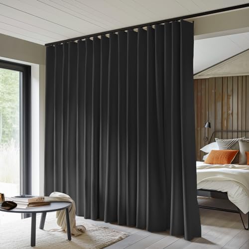 MaKefeile Room Divider Curtains Total Blackout Privacy Curtain Panel Room Thermal Insulated Noise Reduction Curtains for Bedroom Window Living Room Ceiling Track Curtain W 8.3 ft × H 7 ft Black - Image 1