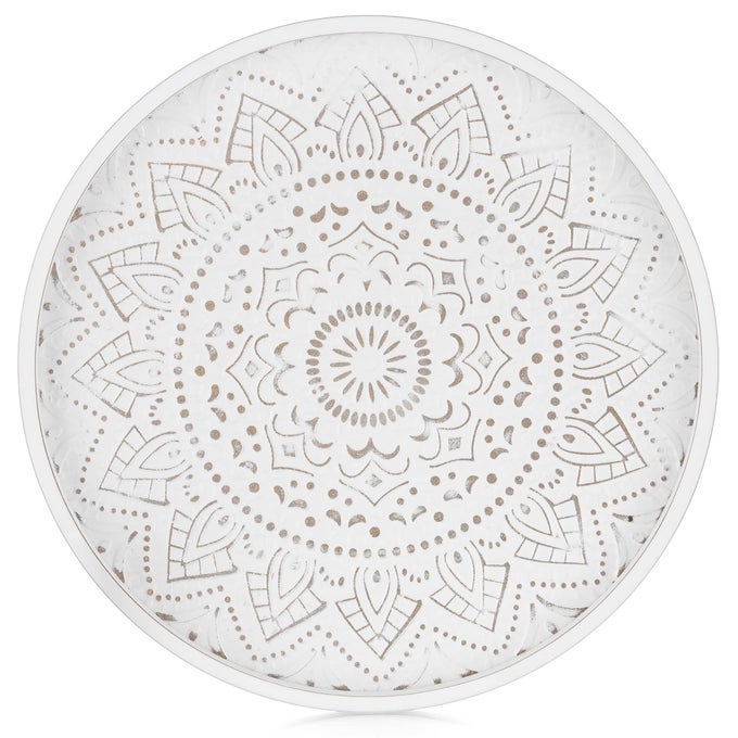 ROUND DECORATIVE COFFEE TRAY RUSTIC WHITE TABLE BOHO DECOR FARMHOUSE CENTERPIECE WOOD CIRCLE SERVING TRAYS FOR KITCHEN COUNTER OTTOMAN