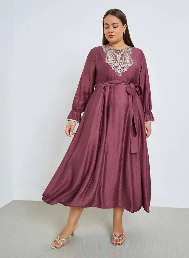 Styli Plus Size Rust Embellished A-Line Maxi Dress