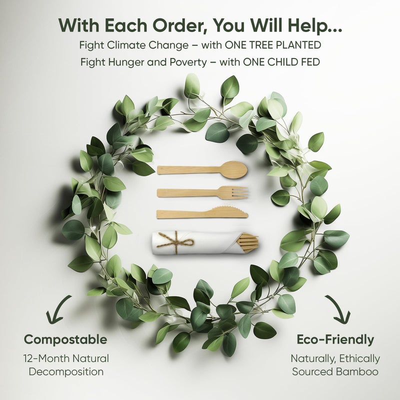 EcoPreps Premium Pre-Rolled Napkin and Bamboo Cutlery Set (50 Pack  200 PCS) 100% Biodegradable  Eco-Friendly  Disposable Wrapped Cutlery - Includes Pre-Wrapped Bamboo Forks  Knives  Spoons  & Napkins - Image 3