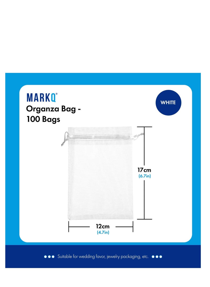 MARKQ 100 Pieces Organza Bags with Drawstrings | 12 X 17 cm Organza Bags for Jewelry Pouches, Candies and Wedding Party | Eid Christmas Bags for Gifts | Organza Gift Bags | Goody Bags (White)  - Image 2