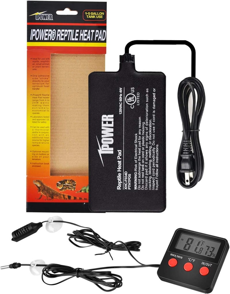 iPower 4x7 Reptile Heat Mat Under Tank Terrarium Heater Warmer Heating Pad Digital Thermometer and Hygrometer with Temperature and Humidity Probe for Amphibian Pet and Small Animals - Image 1