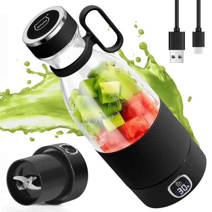 PORTABLE BLENDER 6 BLADES JUICER CUP FOR JUICE SHAKES AND SMOOTHIES 350ML MINI BLENDER WITH LED DISPLAY USB RECHARGEABLE3000MAH RECHARGEABLE BATTERY FOR HOME SPORTS OUTDOORS TRAVELBLACK