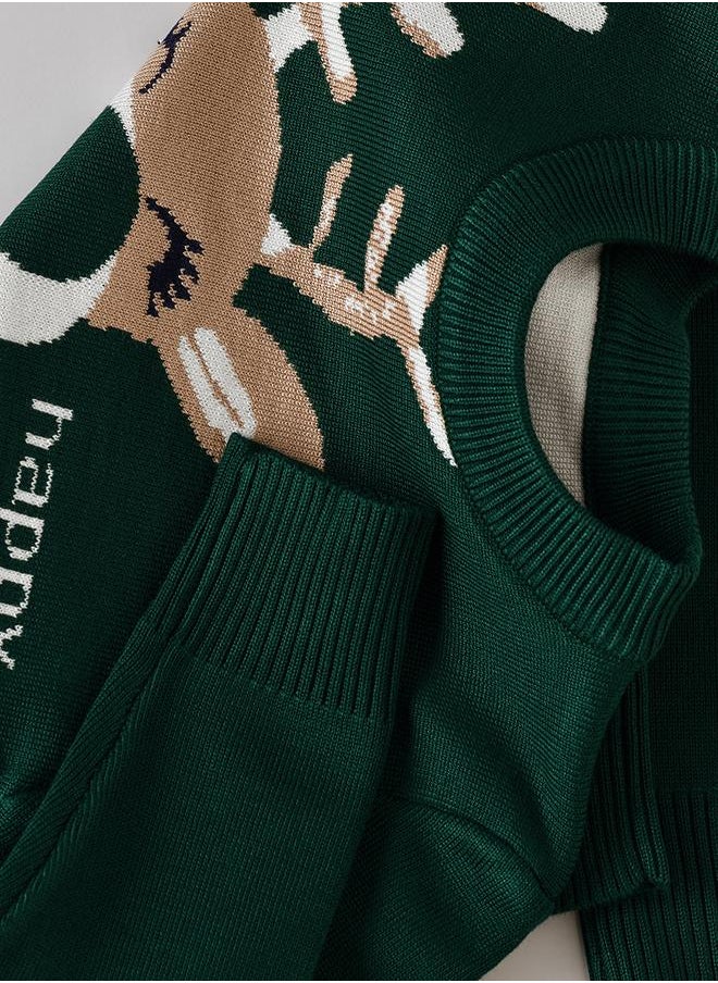 babyqlo Happy New Year Reindeer Sweater - Green  - Image 4