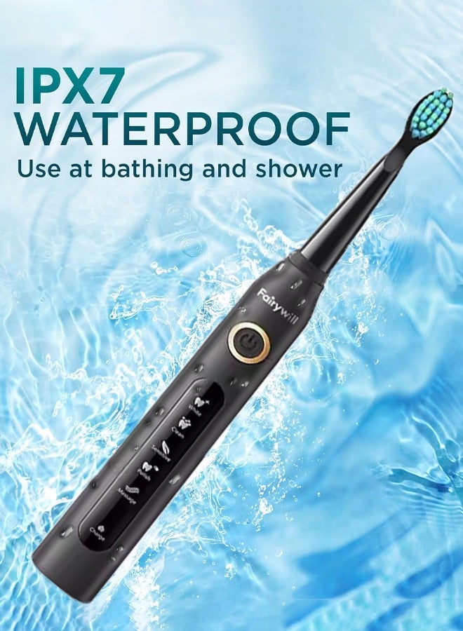 Fairywill Sonic Electric Toothbrush for Adults and Kids,Comes with 8 Brush Heads & Travel Case,5 Modes,SmarTimer and QuadPacer,40000 VPM Deep Clean,4 Hours Charge for 30 Days, Black - Image 5