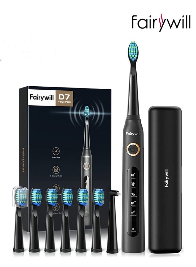 Fairywill Sonic Electric Toothbrush for Adults and Kids,Comes with 8 Brush Heads & Travel Case,5 Modes,SmarTimer and QuadPacer,40000 VPM Deep Clean,4 Hours Charge for 30 Days, Black - Image 1