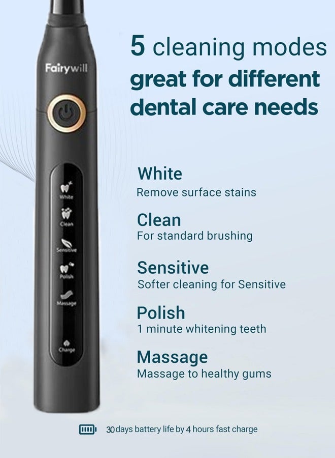 Fairywill Sonic Electric Toothbrush for Adults and Kids,Comes with 8 Brush Heads & Travel Case,5 Modes,SmarTimer and QuadPacer,40000 VPM Deep Clean,4 Hours Charge for 30 Days, Black - Image 3