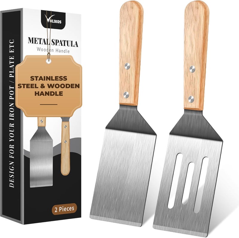 volikos Stainless Steel Spatula Set, 2 Pieces Metal Spatula for Cast Iron Skillet, Metal Spatulas for Kitchen Use with Wooden Handle, Ideal for Frying Steak, Pancake, Cookie, Burger, Brownie or Desserts - Image 1